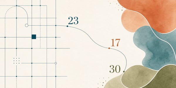 Иллюстрация: инженерная сетка слева, акварельные органические формы справа, соединённые линией с числами 23, 17, 30.